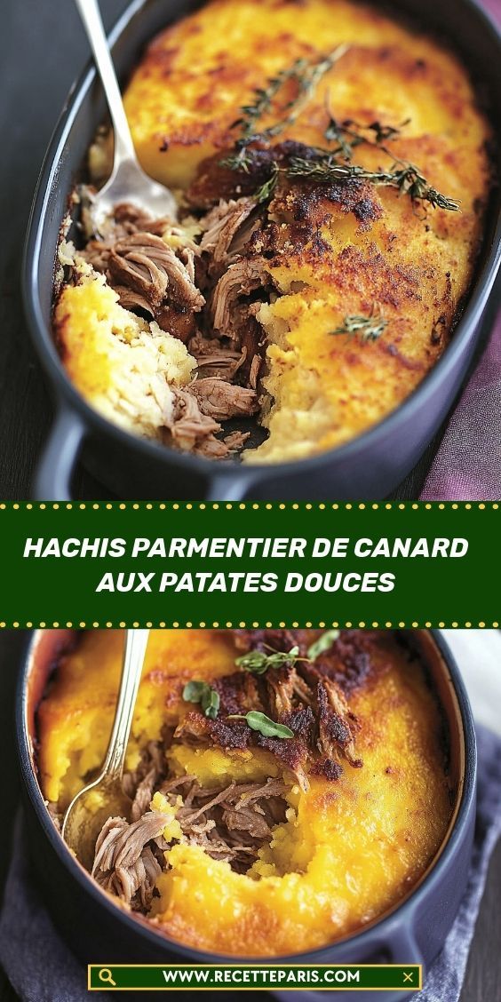 Hachis Parmentier de canard confit et purée de patates douces dorée au four dans un plat noir.