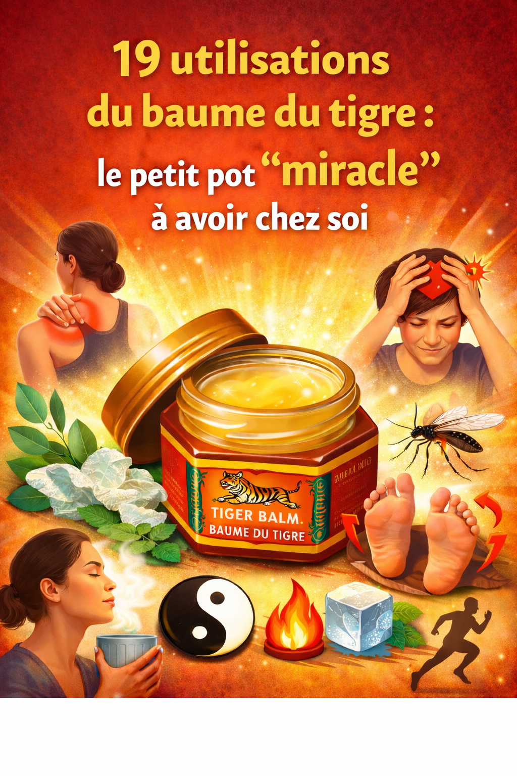 Pot de baume du tigre entouré d'illustrations d'utilisations diverses