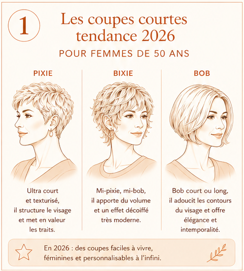Les coupes courtes tendance 2026 : pixie, bixie et bob pour femmes de 50 ans