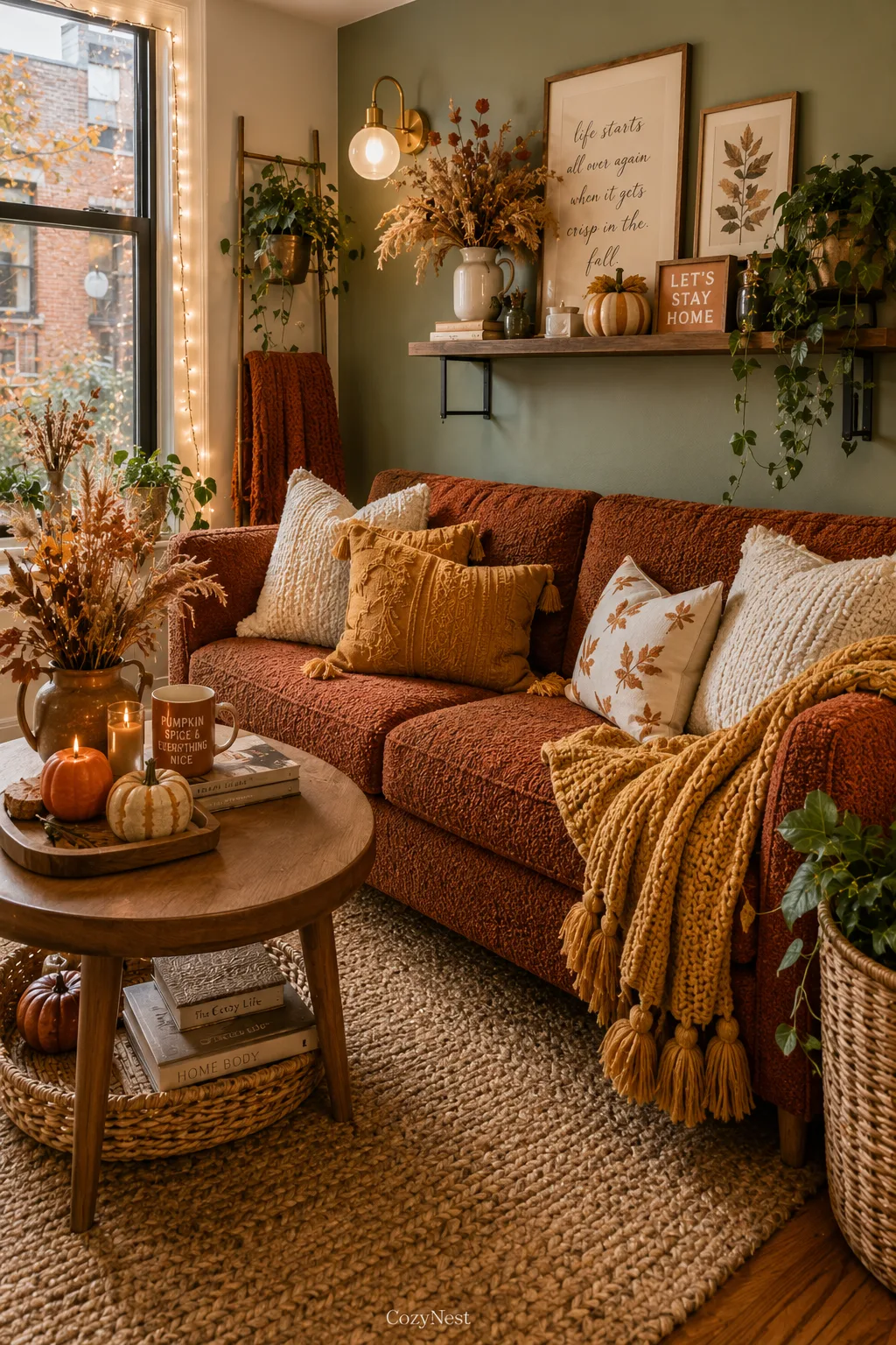 Salon avec bougies, plaids et accents boisés