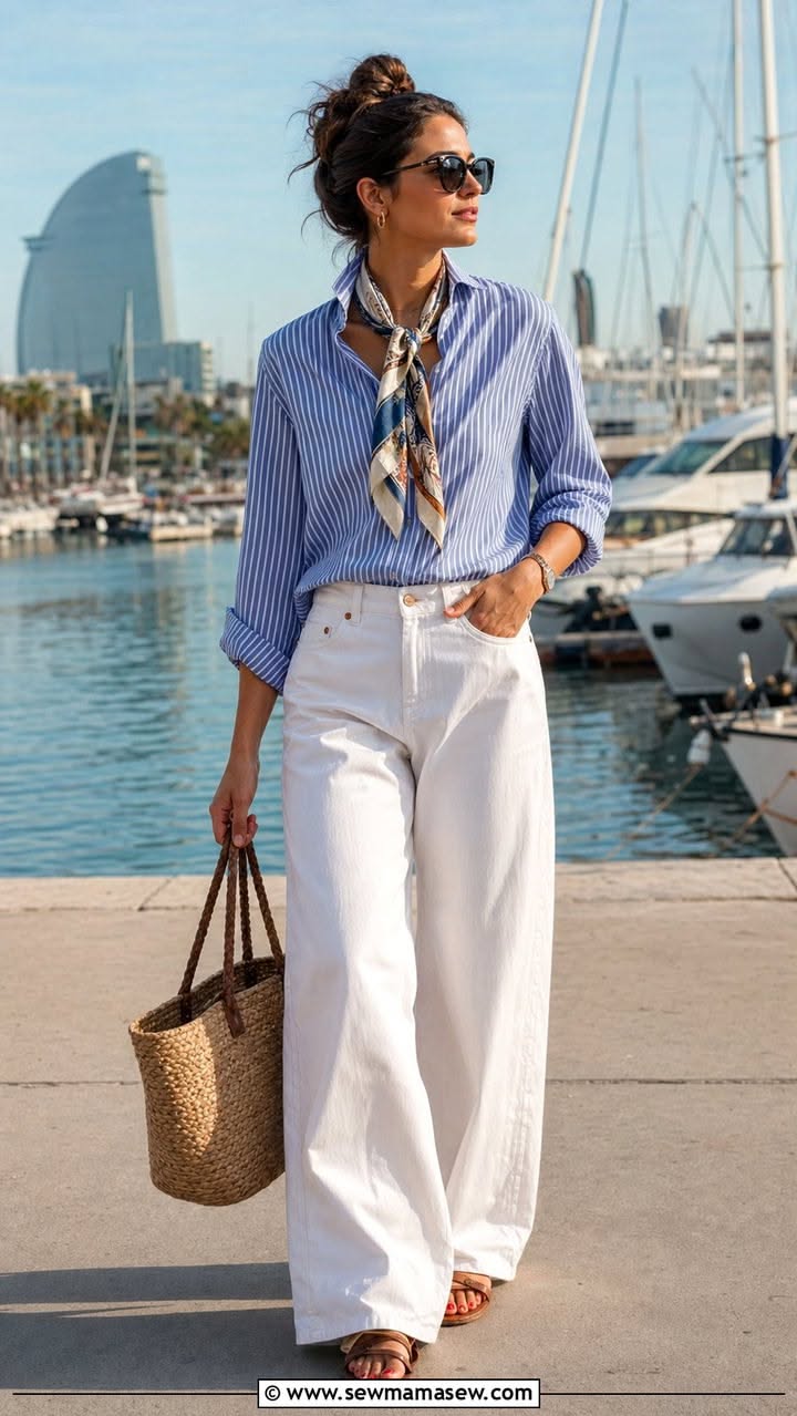 Chemise rayée et pantalon blanc old money