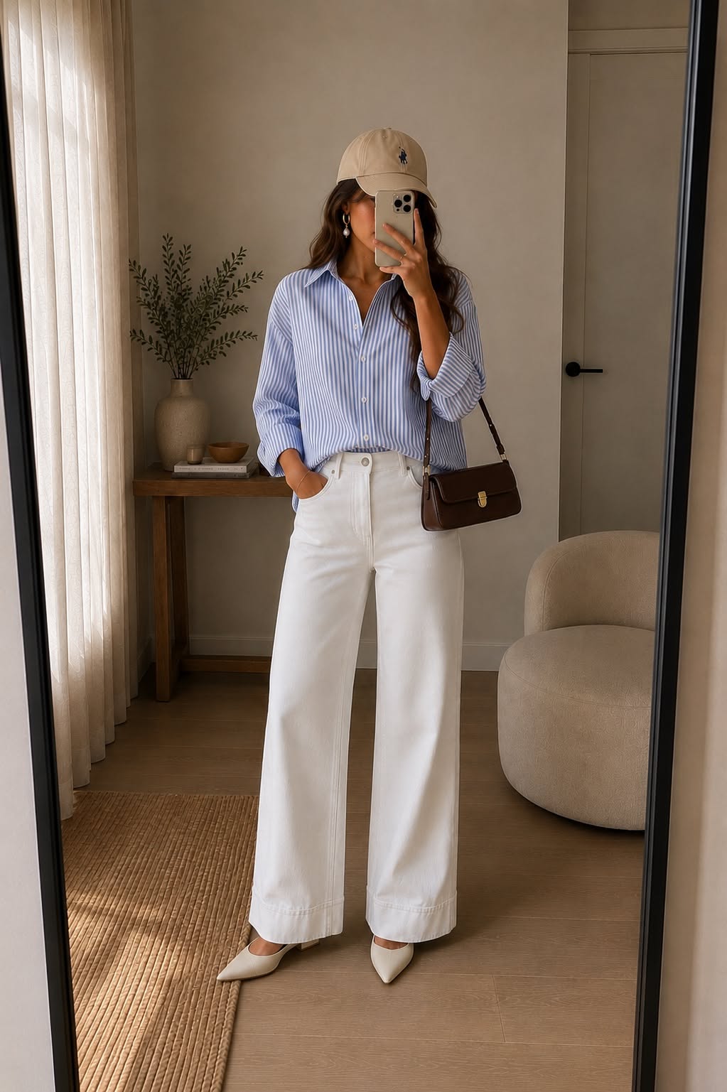 Style preppy avec chemise rayée bleue, jean blanc large et casquette beige.