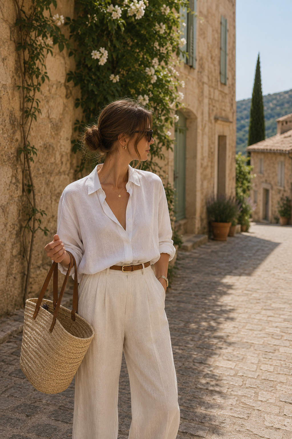 Femme en chemise blanche et pantalon beige clair, sac en paille, rue provençale